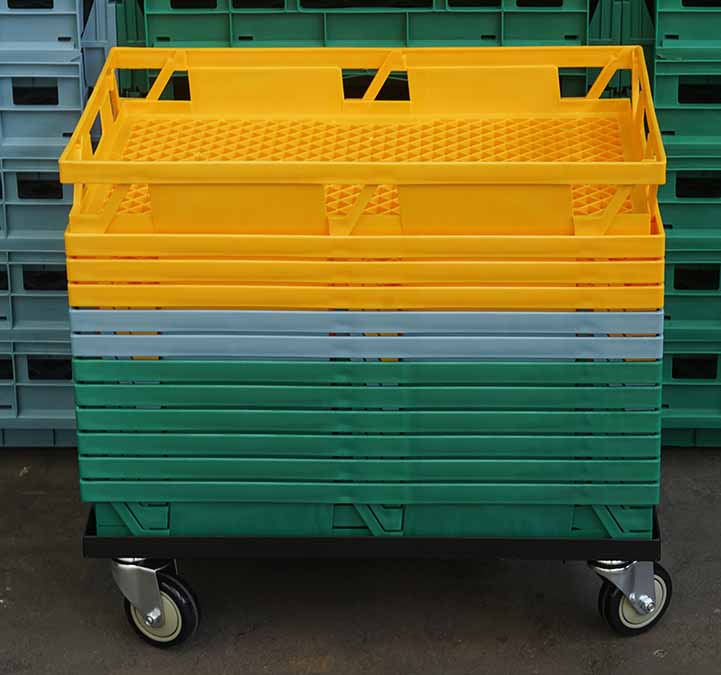 Stacked Bakers Crates and a dolly